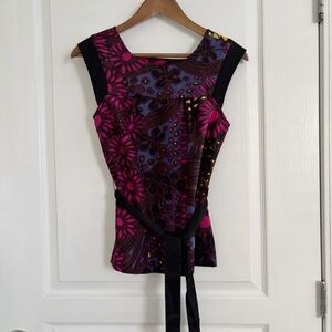 Trina Turk Blouse Silk Floral Belted Sleeveless